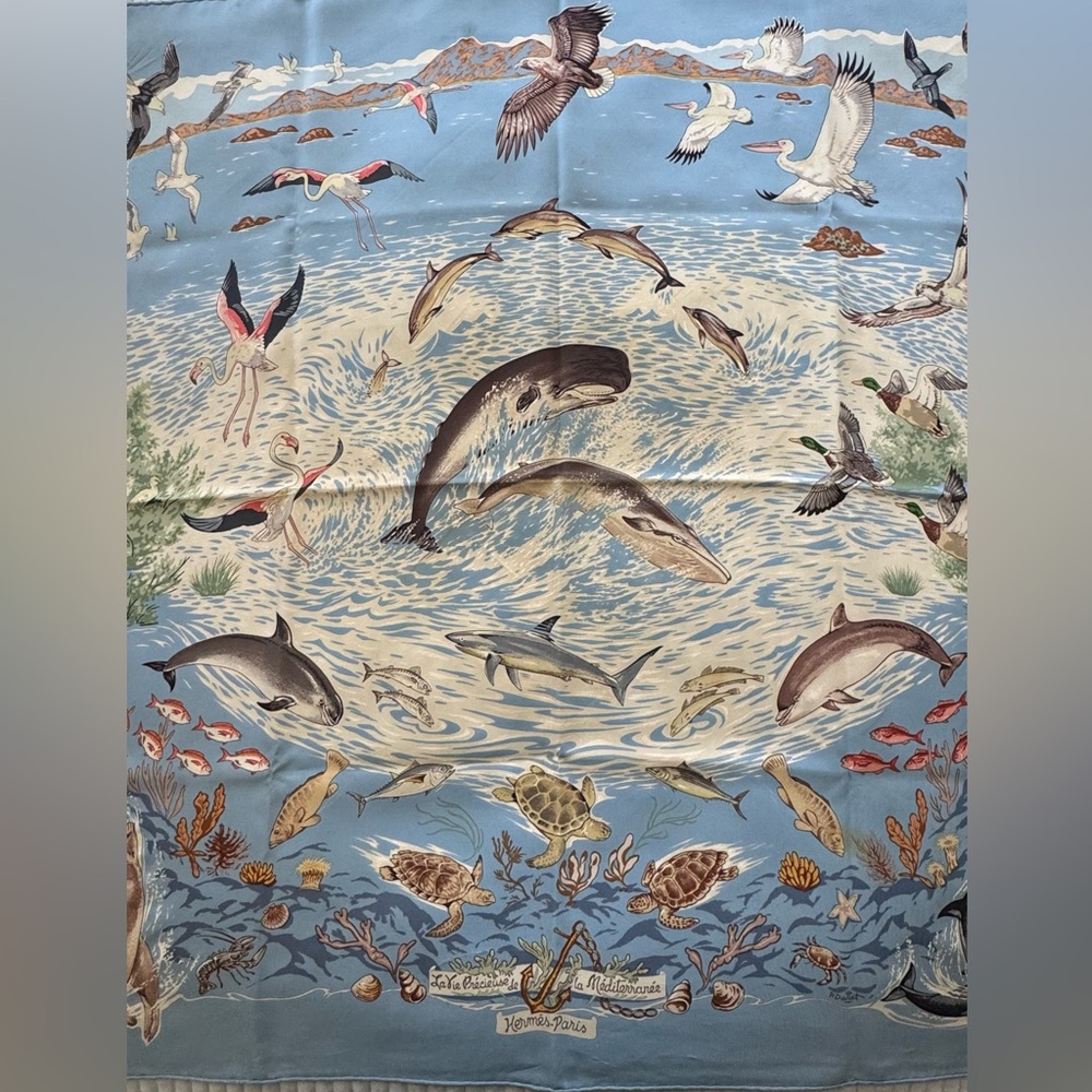 Hermes- Paris Classic Blue "La Vie Precieuse de la Mediterranee" scarf